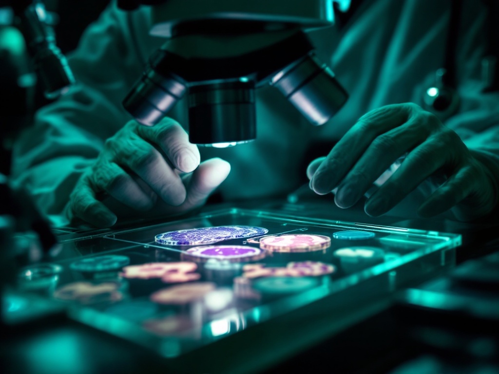 A pathologist studying stained tissue sections on glass slides under a lab microscope