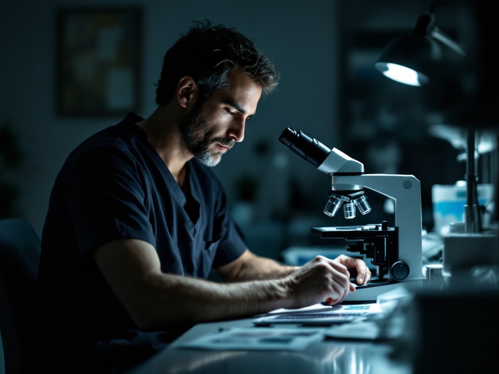 A dermatologic surgeon in scrubs reviewing microscope slides at a lab bench in dim light