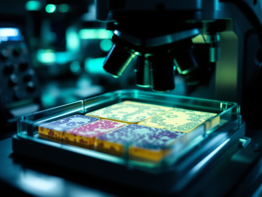 Immunostained tissue slides arranged on a tray in a dark histology lab