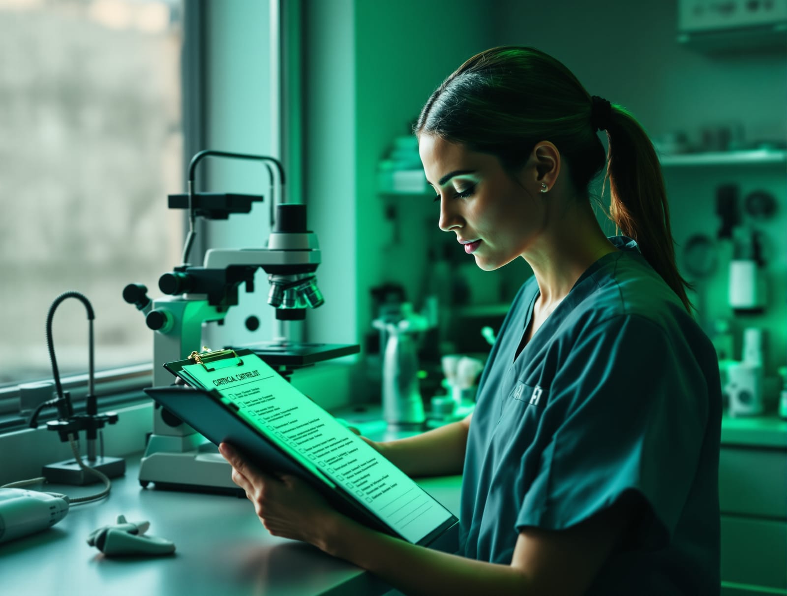 A dermatologic surgeon in scrubs reviewing a clinical checklist on a clipboard beside a microscope in a dim exam room