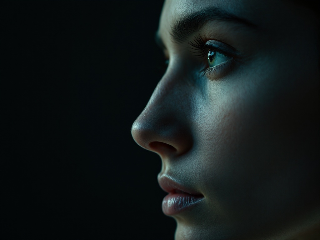 Side profile of an adult patient's face in soft light, focused on the nose