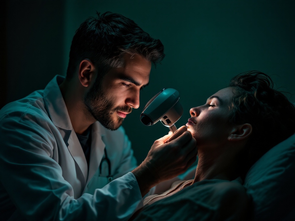A dermatologist performing a careful full-skin examination under a magnifier lamp