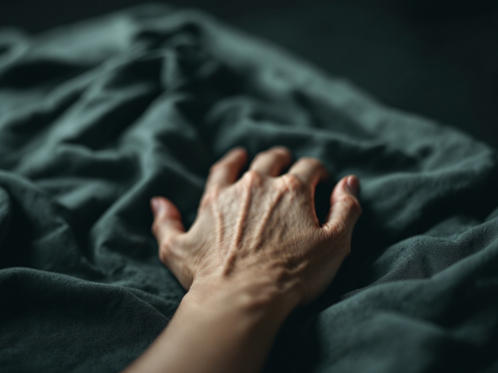 An adult hand resting palm-down on dark linen in soft raking light, skin texture in focus