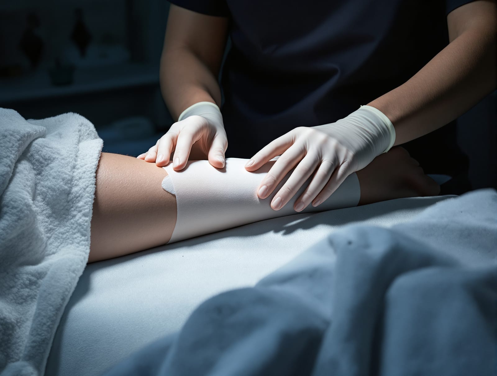 A nurse in dark scrubs applying a firm pressure bandage to an adult patient's forearm under focused clinical light