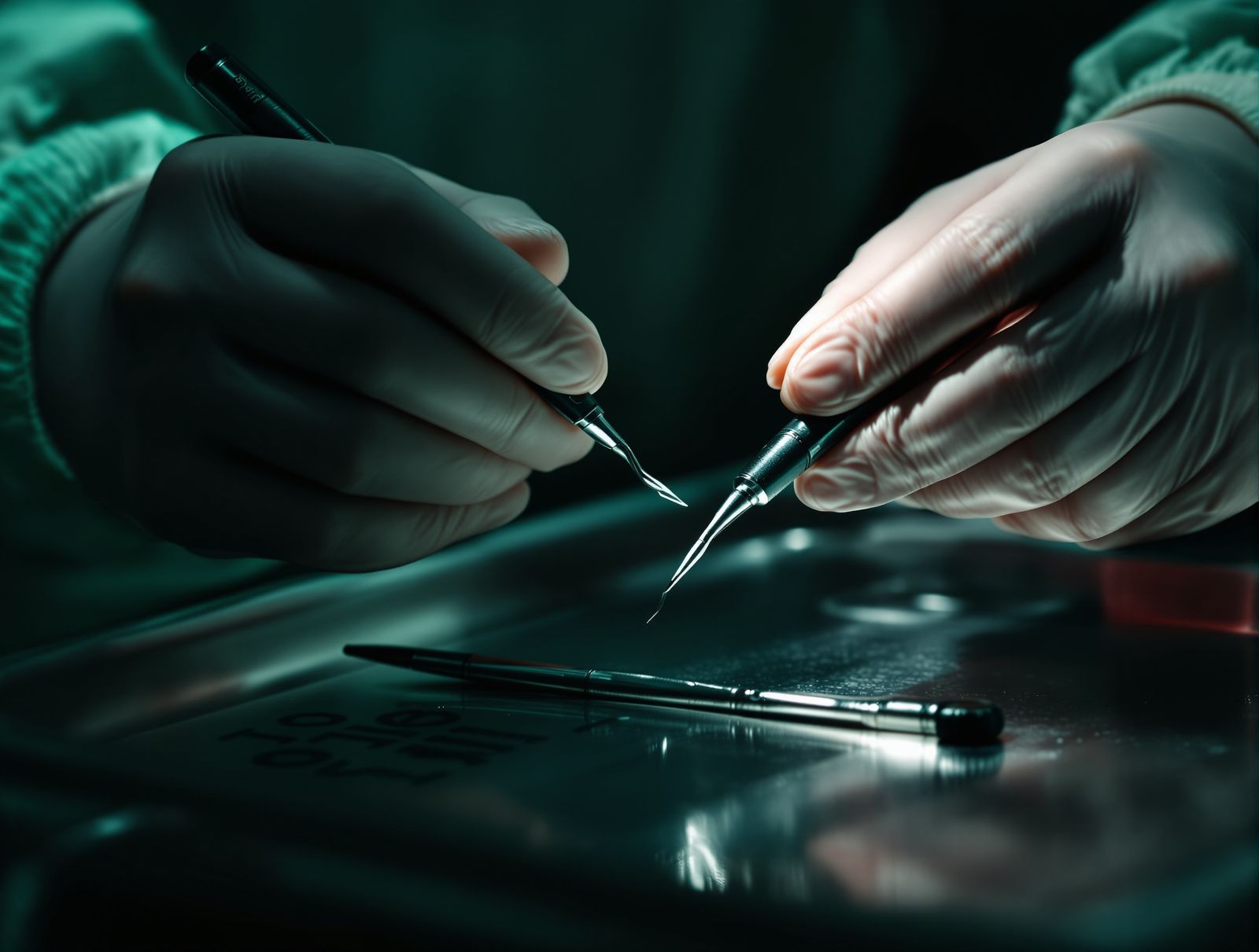 A gloved surgeon's hands holding a small curette and an electrocautery pen over a steel instrument tray in dim green light