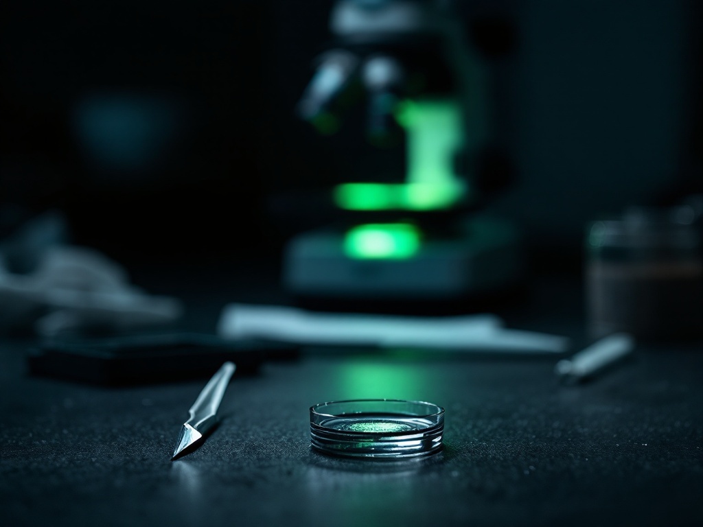 Two tissue specimens beside a scalpel and a microscope on a dark clinical bench