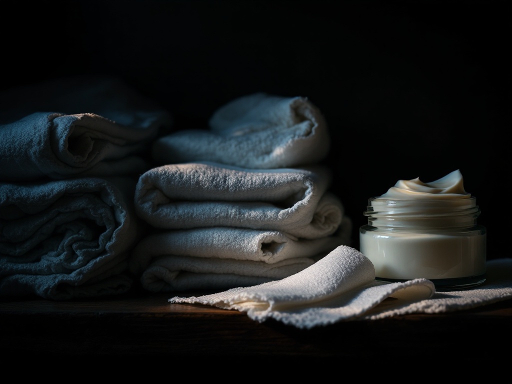 Clean gauze, a roll of bandage, and a small jar of ointment arranged on a dim bathroom shelf