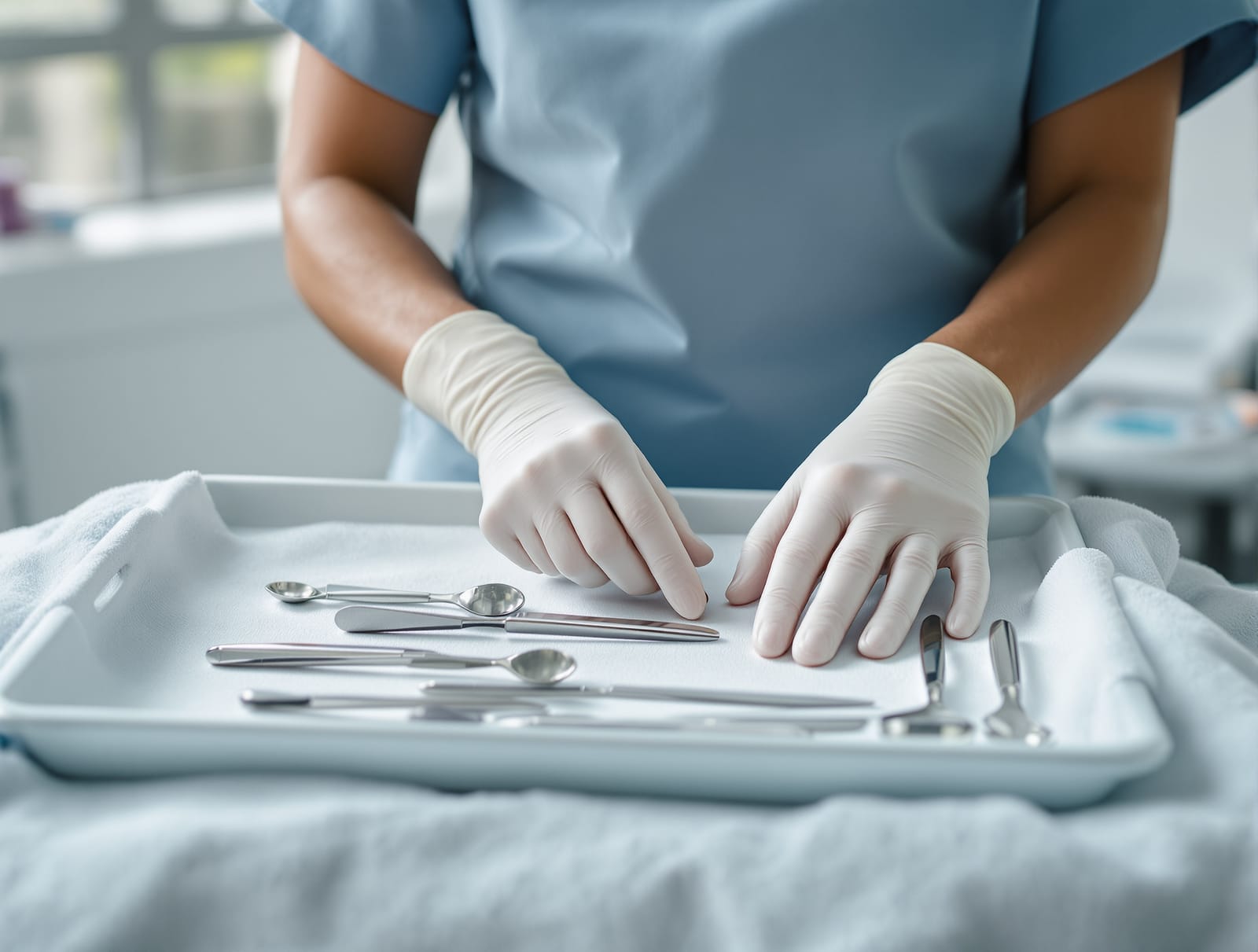 A clinician in a bright procedure room preparing sterile instruments on a stainless steel tray, gloved hands, natural window light.