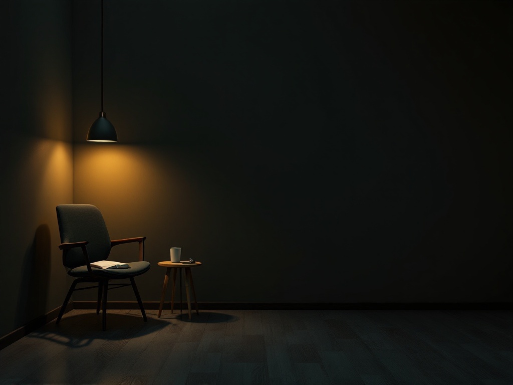 A quiet clinic waiting area with a comfortable chair, water, and a book under a soft lamp