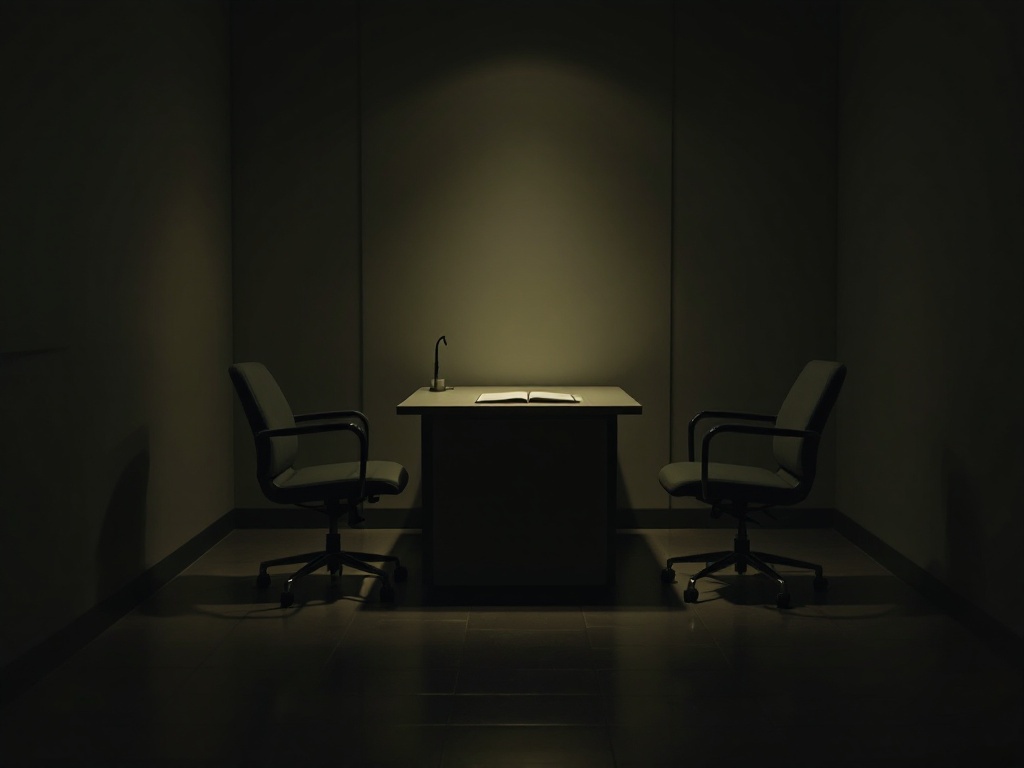 A quiet dermatology consultation room with two chairs facing a desk under a warm lamp