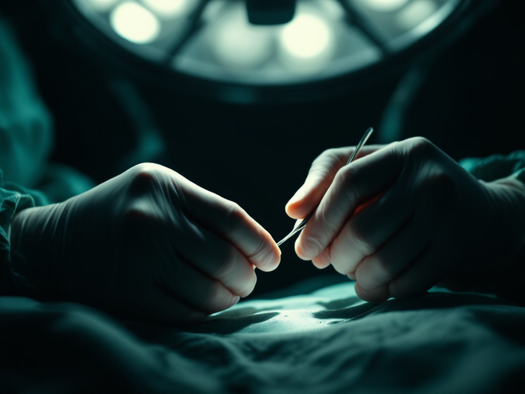 A surgeon's gloved hands holding fine suture instruments under a focused surgical light