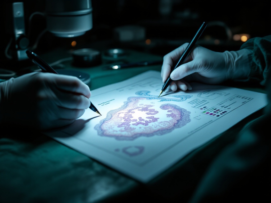 A surgeon's gloved hands annotating a color-coded tissue map beside a microscope in a dim lab