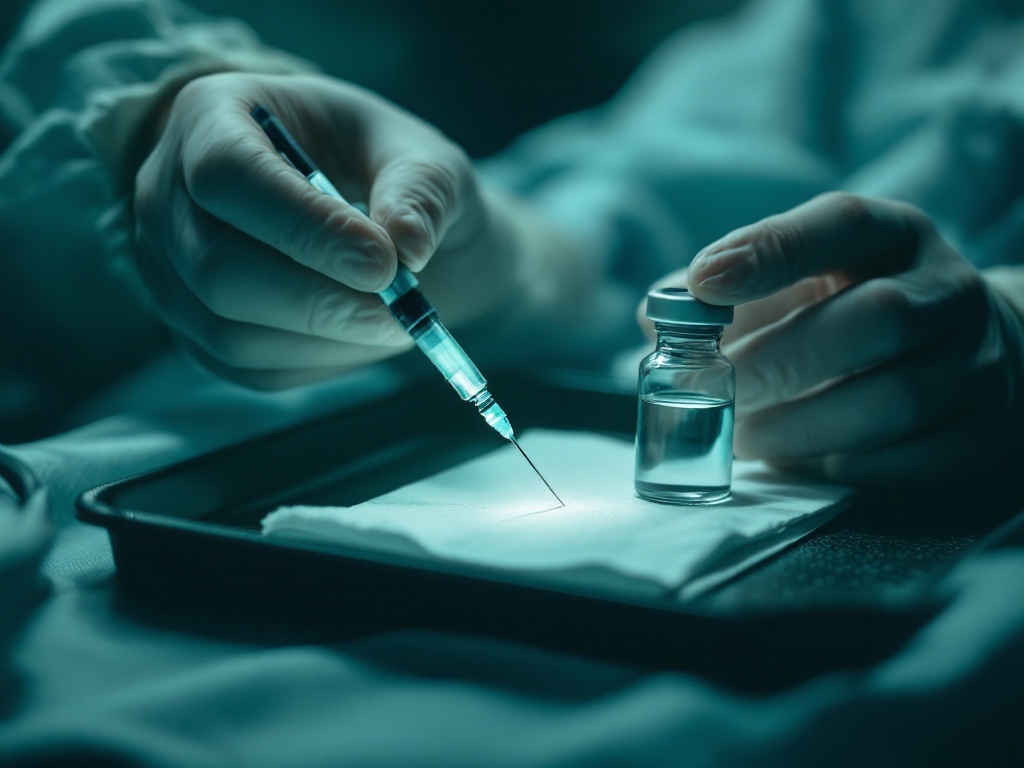 A gloved hand drawing local anesthetic into a fine syringe on a dim clinical tray, no people