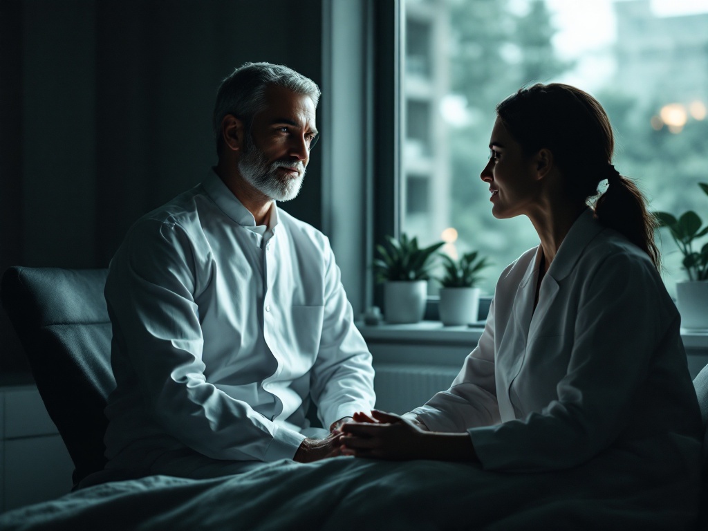 A surgeon and patient in conversation in a calm dermatology consultation room